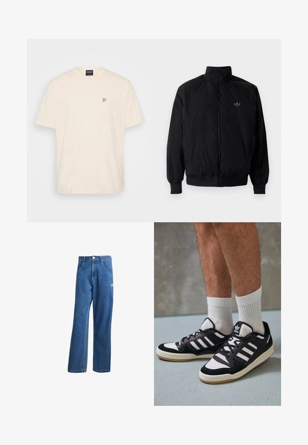 Svart zipjacka med hög krage, tillverkad av lätt material. Har elastiska cuffar och midja, med en liten logo på övre vänster.; Ljusbeige kortärmad t-shirt i bomull. Har en liten gul fjärilslogotyp på bröstfickan. Standard rundhalsad design.; Blå högmidjade vida jeans i denim med framfickor, bältesloopar, knappstängning och liten Adidas-logga på högra låret.; Svartvita sneakers med ovandel i mocka och läder, med tre vita ränder, perforerad tå och sula av gummigummi.