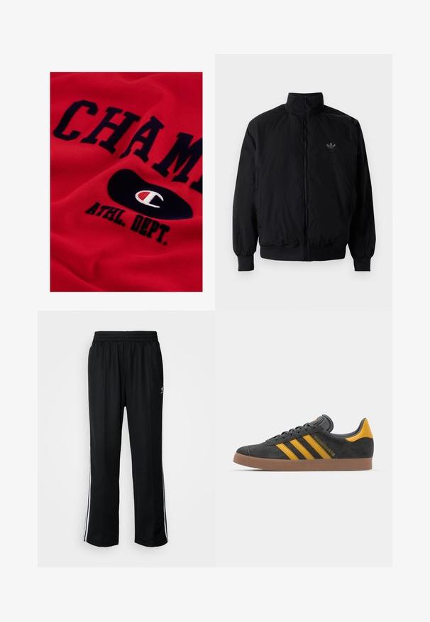 Black zipped jacket with high collar, made of lightweight material. Features elastic cuffs and waistband, with a small logo on the upper left.; Red cotton sweatshirt featuring large navy text "CHAMP" and "ATHL. DEPT." with a black oval logo containing a white and red emblem.; Black athletic pants with an elastic waistband, featuring white side stripes and a small logo. Material appears soft and lightweight.; Black suede sneaker with yellow accents, featuring three stripes and a brown rubber sole. Includes a padded tongue for comfort.