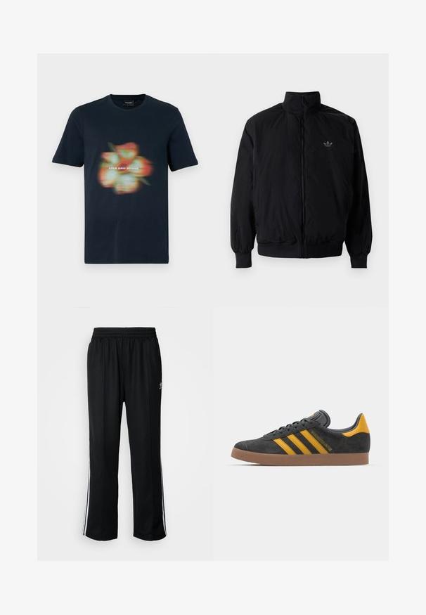 Chaqueta negra con cremallera y cuello alto, hecha de material ligero. Cuenta con puños y cinturilla elásticos, y un pequeño logo en la parte superior izquierda.; Camiseta de algodón azul marino con un gráfico de flores difuso y el texto "LYLE AND SCOTT" centrado debajo del diseño. Mangas cortas, escote redondo.; Pantalones deportivos negros con cintura elástica, que presentan rayas laterales blancas y un pequeño logotipo. El material parece suave y ligero.; Zapatillas de ante negro con acentos amarillos, que presentan tres franjas y una suela de goma marrón. Incluyen una lengüeta acolchada para mayor comodidad.