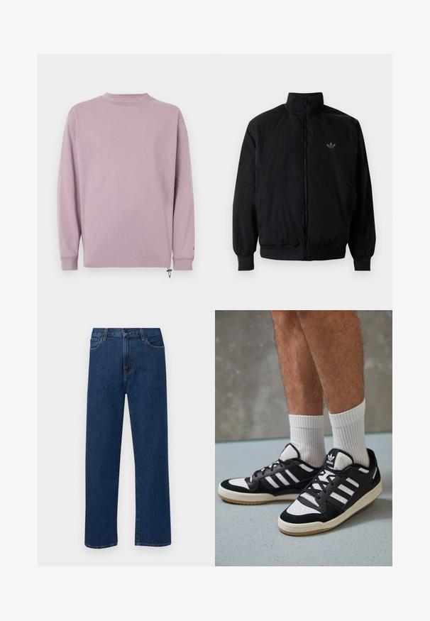 Black zipped jacket with high collar, made of lightweight material. Features elastic cuffs and waistband, with a small logo on the upper left.; Long-sleeve shirt in soft lavender fabric. Features a crew neckline, relaxed fit, and adjustable side hem drawstring.; Dark blue straight-leg denim jeans with front pockets and a button closure, displayed on a plain white background.; Black and white sneakers with a suede and leather upper, featuring three white stripes, a perforated toe, and a gum rubber sole.