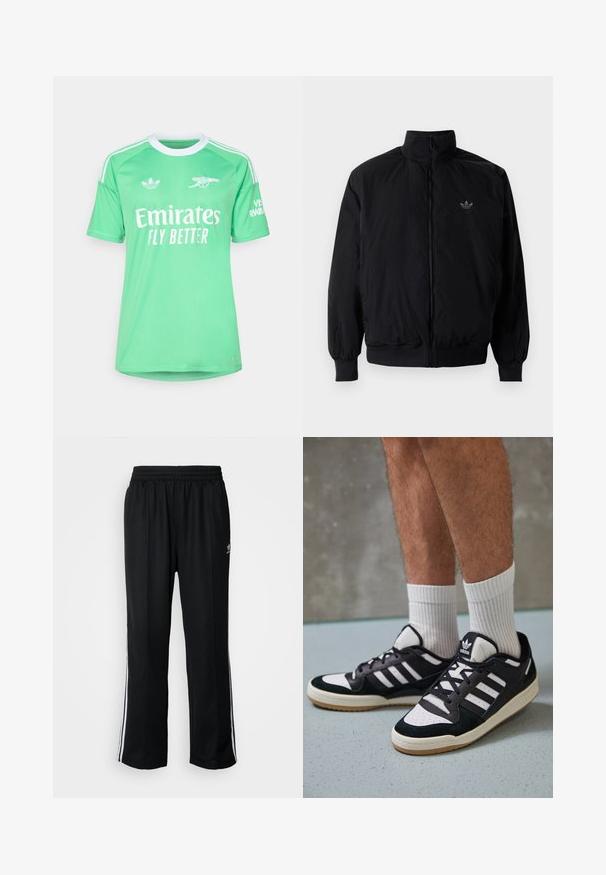 Zwarte geluiting jack met hoge kraag, gemaakt van lichtgewicht materiaal. Voorzien van elastische manchetten en tailleband, met een klein logo op de linkerbovenkant.; adidas Performance ARSENAL FC 25/26 3RD GOALKEEPER JERSEY - Fanartikel - semi screaming green/white; Zwarte sportbroeken met een elastische tailleband, voorzien van witte zijkanten en een klein logo. Het materiaal lijkt zacht en lichtgewicht te zijn.; Zwart-witte sneakers met een bovenwerk van suede en leer, voorzien van drie witte strepen, een geperforeerde neus en een rubberen gumzool.