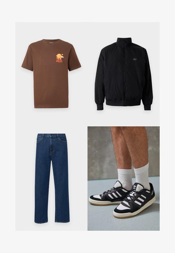 Čierna zips kombinéza s vysokým golierom, vyrobená z ľahkého materiálu. Obsahuje elastické manžety a pás, s malým logom na hornej ľavej strane.; Hnedé tričko s krátkym rukávom a malou oranžovou grafikou burgra, ktorý drží surfboard, a nápisom "SLNKO VON, ROLÁDY VON" na ľavej strane hrude.; Tmavomodré rovné rifľové nohavice s prednými vreckami a zapínaním na gombík, vystavené na jednoduchom bielom pozadí.; Čierno-biele tenisky s vrchom z semišu a kože, s troma bielymi pruhmi, perforovanou špičkou a gumovou podrážkou.