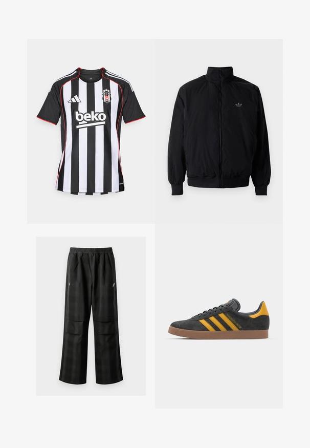 Musta vetoketjullinen takki, jossa on korkea kaulus, valmistettu kevyestä materiaalista. Varustettu joustavilla hihoilla ja vyötäröllä, ja ylävasemmalla on pieni logo.; adidas Performance BESIKTAS 25/26 AWAY JERSEY - Jalkapallopaita - black; Mustat ruudulliset housut, joissa on joustava vyötärö, kaksi etutaskua ja rento istuvuus suoralla lahkeella. Valmistettu kevyestä materiaalista.; Mustat samettiset tennarit, joissa on keltaisia yksityiskohtia, kolmonen raita ja ruskea kumipohja. Sisältää pehmustetun kielisen mukavuutta varten.