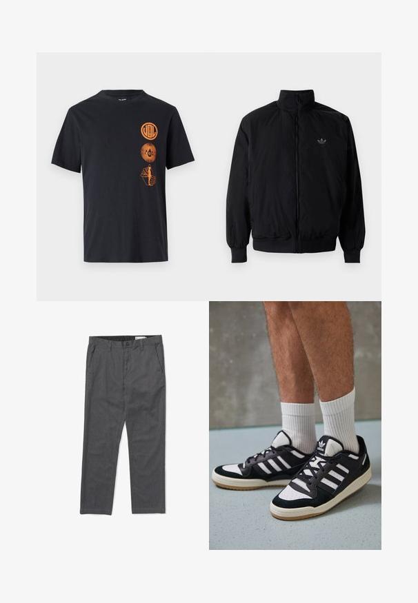 Black zipped jacket with high collar, made of lightweight material. Features elastic cuffs and waistband, with a small logo on the upper left.; Black cotton t-shirt featuring three orange graphic prints: circular logo designs and a detailed illustration toward the bottom. Short sleeves.; Gray cotton trousers featuring a flat front, belt loops, side pockets, and a straight leg design with a smooth texture.; Black and white sneakers with a suede and leather upper, featuring three white stripes, a perforated toe, and a gum rubber sole.