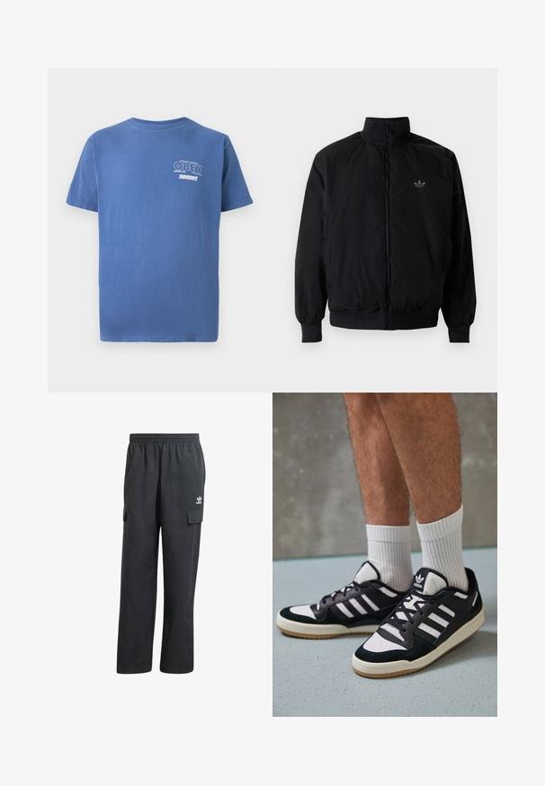 Black zipped jacket with high collar, made of lightweight material. Features elastic cuffs and waistband, with a small logo on the upper left.; Blue short-sleeve t-shirt with small white "OBEY Perpetual Persistent movement" text on the left chest.; Black cargo pants with an elastic waistband, two side pockets, and a subtle logo on the left thigh. Made from a lightweight fabric.; Black and white sneakers with a suede and leather upper, featuring three white stripes, a perforated toe, and a gum rubber sole.