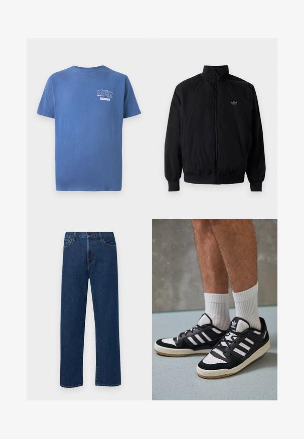 Black zipped jacket with high collar, made of lightweight material. Features elastic cuffs and waistband, with a small logo on the upper left.; Blue short-sleeve t-shirt with small white "OBEY Perpetual Persistent movement" text on the left chest.; Dark blue straight-leg denim jeans with front pockets and a button closure, displayed on a plain white background.; Black and white sneakers with a suede and leather upper, featuring three white stripes, a perforated toe, and a gum rubber sole.