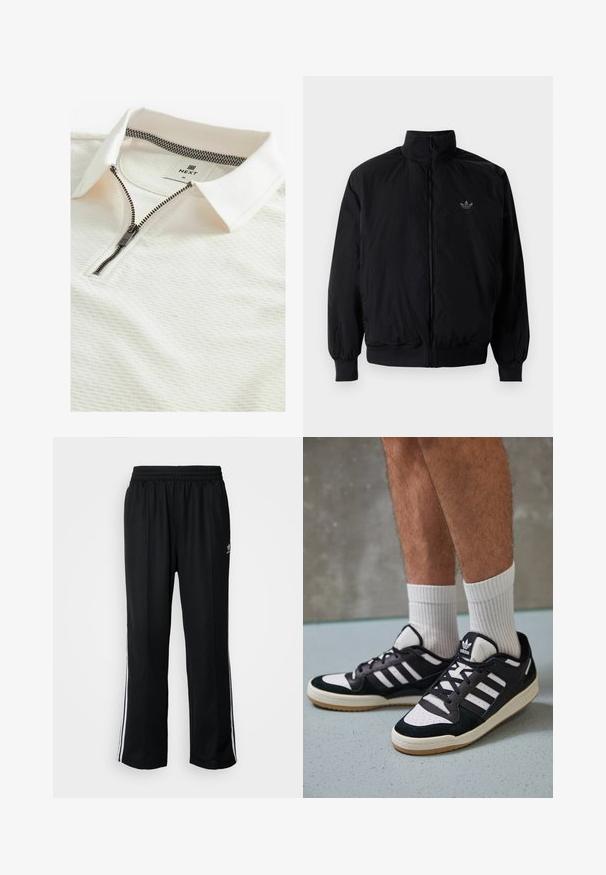 Czarna kurtka zapinana na zamek z wysokim kołnierzem, wykonana z lekkiego materiału. Posiada elastyczne mankiety i pas, oraz małe logo na górnej lewej stronie.; Biała koszulka polo z teksturowanym wzorem, zapinana na zamek błyskawiczny, z kolorowym wnętrzem kołnierza w kratkę. Metka z napisem "NEXT" w rozmiarze "M."; Czarne sportowe spodnie z elastycznym paskiem w talii, z białymi paskami po bokach i małym logo. Materiał wydaje się miękki i lekki.; Czarno-białe sneakersy z zamszową i skórzaną cholewką, z trzema białymi paskami, perforowanym czubkiem i gumową podeszwą w kolorze gumy.