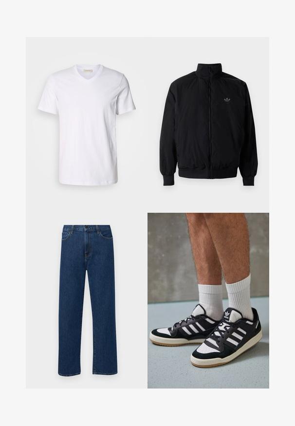 Svart zipjacka med hög krage, tillverkad av lätt material. Har elastiska cuffar och midja, med en liten logo på övre vänster.; Vit bomull V-ringad T-shirt med korta ärmar, med en liten logotyp på bröstet. Slät textur, standard passform och klassisk design.; Mörkblå raka denimjeans med framfickor och knappstängning, visade mot en enkel vit bakgrund.; Svartvita sneakers med ovandel i mocka och läder, med tre vita ränder, perforerad tå och sula av gummigummi.