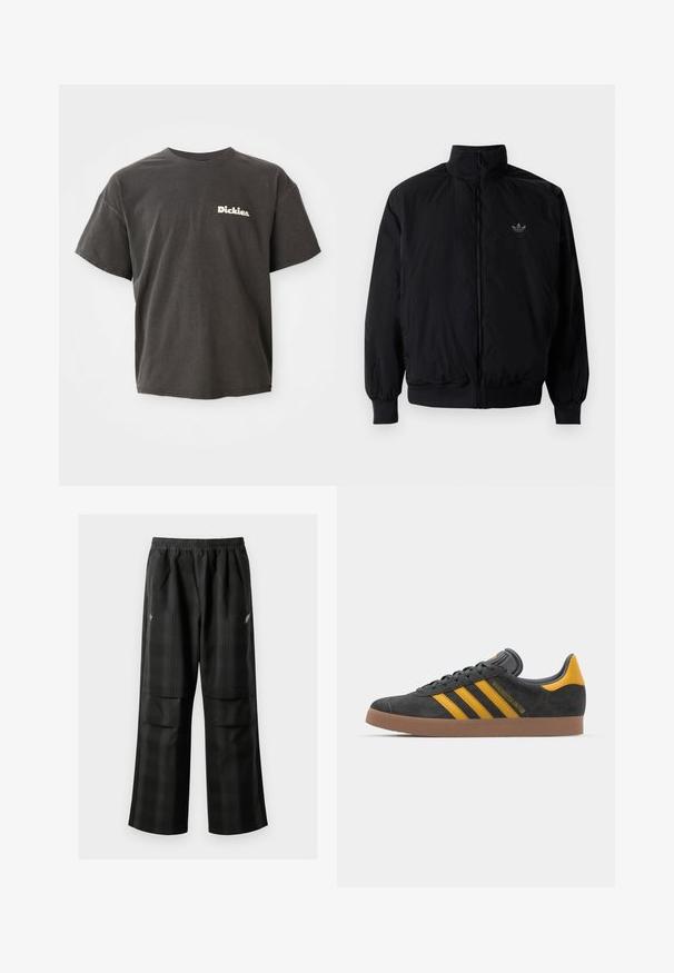 Svart zipjacka med hög krage, tillverkad av lätt material. Har elastiska cuffar och midja, med en liten logo på övre vänster.; Mörkgrå t-shirt med kort ärm och "Dickies."-logotyp i vitt på vänster bröst, rundad hals och avslappnad passform.; Svarta rutiga byxor med elastisk midja, två framfickor och en lös passform med rak bendesign. Tillverkade av lätt material.; Svart mockaskor med gula accenter, med tre ränder och en brun gummisula. Inkluderar en vadderad tunga för extra komfort.