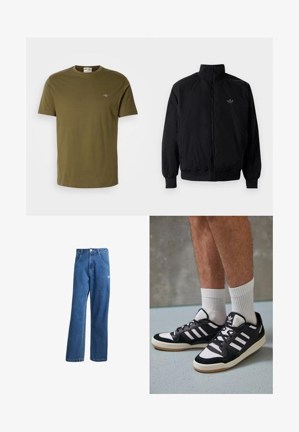 Svart zipjacka med hög krage, tillverkad av lätt material. Har elastiska cuffar och midja, med en liten logo på övre vänster.; Olivgrön t-shirt med kort ärm i bomull, med rund halsringning och liten broderad logotyp på bröstet. Slät textur.; Blå högmidjade vida jeans i denim med framfickor, bältesloopar, knappstängning och liten Adidas-logga på högra låret.; Svartvita sneakers med ovandel i mocka och läder, med tre vita ränder, perforerad tå och sula av gummigummi.