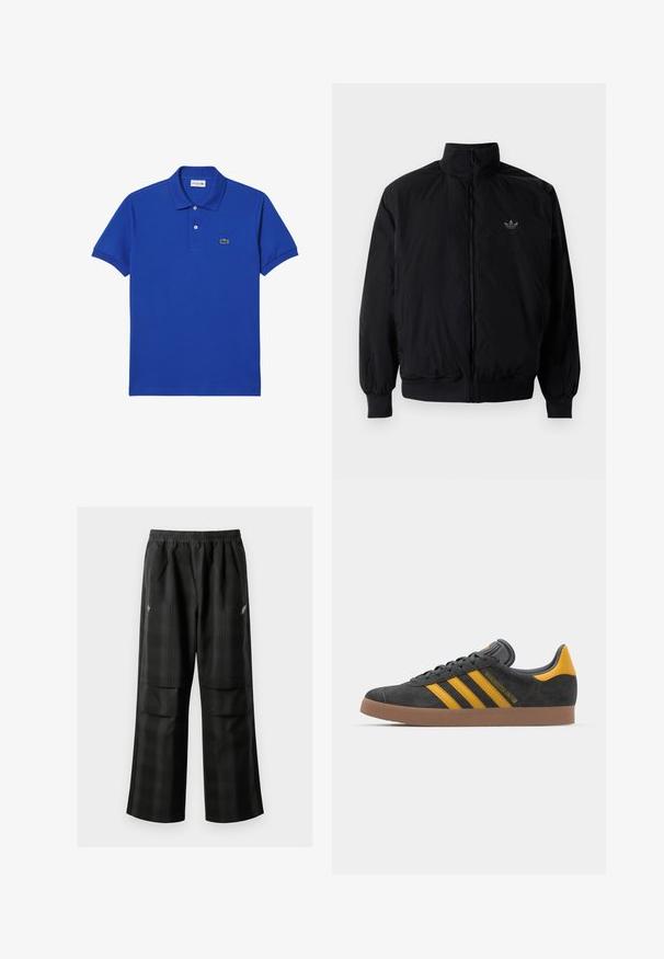 Černá zipová bunda s vysokým límcem, vyrobená z lehkého materiálu. Má elastické manžety a pas, s malým logem na horní levé straně.; Modrá polo tričko vyrobené z bavlny, s klasickým límečkem, krátkými rukávy a zeleným vyšitým logem krokodýla na levé hrudi.; Černé kostkované kalhoty s elastickým pasem, dvěma předními kapsami a volným střihem se rovnými nohavicemi. Vyrobeny z lehkého materiálu.; Černé semišové tenisky se žlutými akcenty, vybavené třemi pruhy a hnědou gumovou podrážkou. Obsahují polstrovaný jazyk pro pohodlí.
