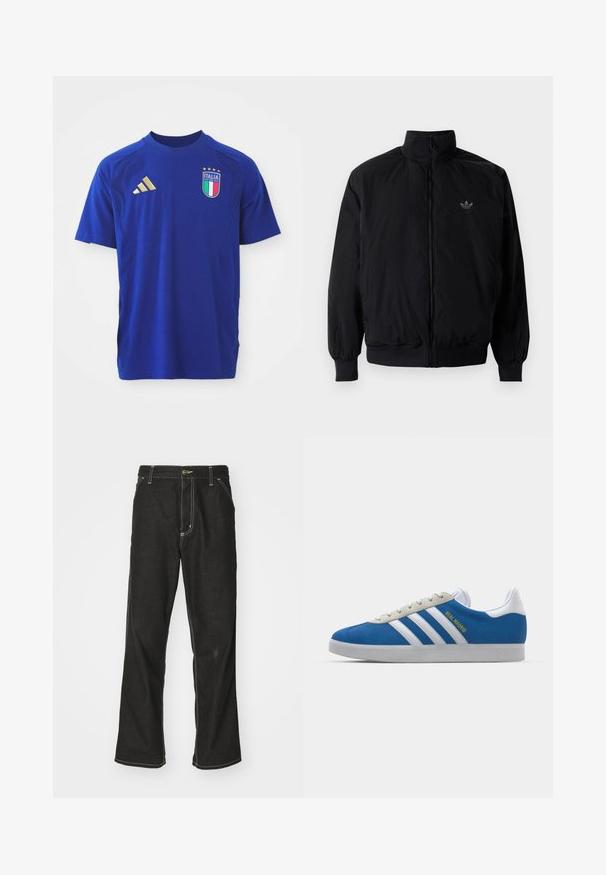 Chaqueta negra con cremallera y cuello alto, hecha de material ligero. Cuenta con puños y cinturilla elásticos, y un pequeño logo en la parte superior izquierda.; Camisa atlética de manga corta azul hecha de una tela suave. Cuenta con el logo dorado de Adidas en el hombro derecho y el emblema de Italia en el pecho.; Jeans de mezclilla negra con un corte holgado, que cuentan con costuras blancas contrastantes, cierre de botón y un diseño de pierna recta.; adidas Originals ADIDAS GAZELLE SHOES - Botines de fútbol sala - real madrid/bluebird/footwear white/crew yellow