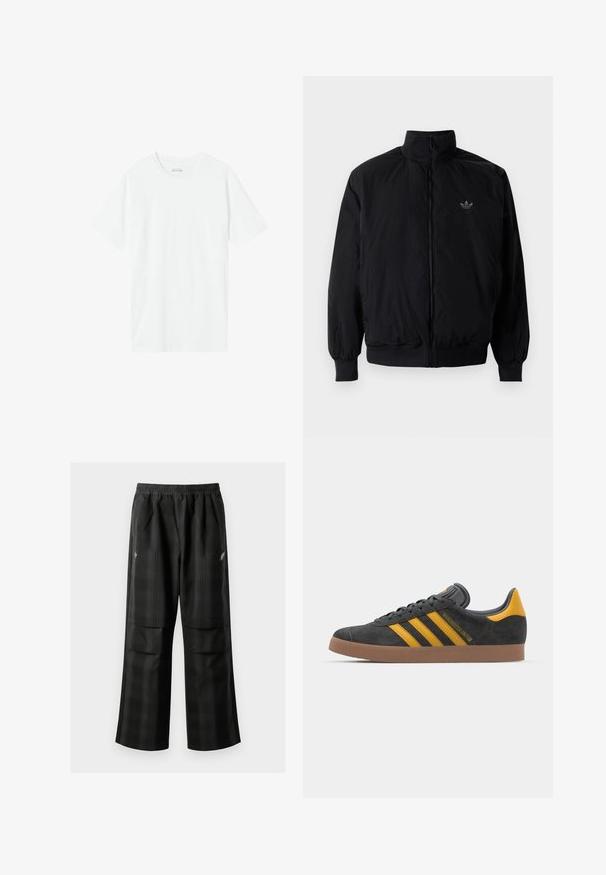 Schwarze Jacke mit Reißverschluss und hohem Kragen, aus leichtem Material gefertigt. Verfügt über elastische Bündchen und einen elastischen Saum, mit einem kleinen Logo oben links.; Weißes Baumwoll-T-Shirt mit Rundhalsausschnitt und kurzen Ärmeln, das eine glatte Textur und eine lockere Passform aufweist. Keine Muster oder Akzente sichtbar.; Schwarze karierte Hosen mit elastischem Bund, zwei Fronttaschen und lockerer Passform im geraden Beinschnitt. Hergestellt aus leichtem Material.; Schwarze Wildledersneaker mit gelben Akzenten, ausgestattet mit drei Streifen und einer braunen Gummisohle. Enthält eine gepolsterte Zunge für zusätzlichen Komfort.