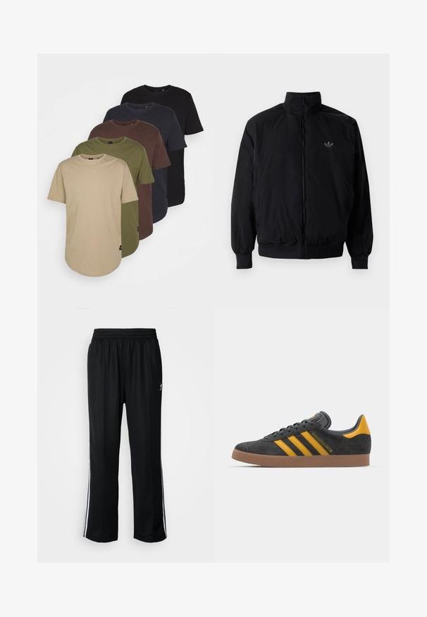 Black zipped jacket with high collar, made of lightweight material. Features elastic cuffs and waistband, with a small logo on the upper left.; Five t-shirts arranged in gradient colors: beige, olive, brown, dark blue, and black. Made of soft cotton with short sleeves and round neck.; Black athletic pants with an elastic waistband, featuring white side stripes and a small logo. Material appears soft and lightweight.; Black suede sneaker with yellow accents, featuring three stripes and a brown rubber sole. Includes a padded tongue for comfort.