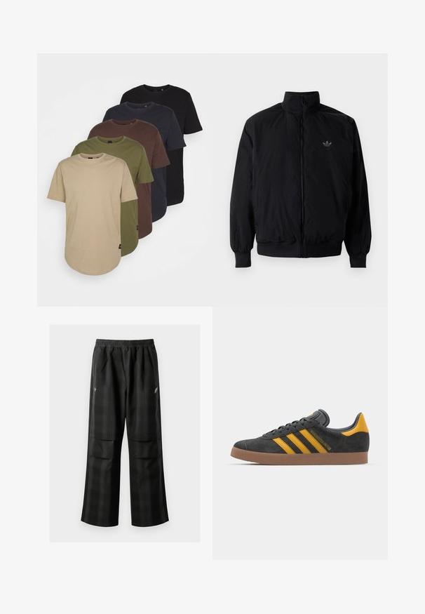 Chaqueta negra con cremallera y cuello alto, hecha de material ligero. Cuenta con puños y cinturilla elásticos, y un pequeño logo en la parte superior izquierda.; Cinco camisetas dispuestas en colores degradados: beige, oliva, marrón, azul oscuro y negro. Hechas de suave algodón, con mangas cortas y cuello redondo.; Pantalones de cuadros negros con cintura elástica, dos bolsillos frontales y un ajuste holgado con diseño de pierna recta. Fabricados en material ligero.; Zapatillas de ante negro con acentos amarillos, que presentan tres franjas y una suela de goma marrón. Incluyen una lengüeta acolchada para mayor comodidad.