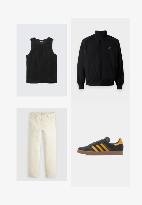Schwarze Jacke mit Reißverschluss und hohem Kragen, aus leichtem Material gefertigt. Verfügt über elastische Bündchen und einen elastischen Saum, mit einem kleinen Logo oben links.; Schwarzes ärmelloses Tanktop mit gerippter Textur, rundem Ausschnitt und gerader Saum. Das Etikett trägt die Aufschrift "WEEKDAY" am Ausschnitt.; Helle beigefarbene, lässig geschnittene Hose mit drei Taschen, Gürtelschlaufen und geradem Bein. Hergestellt aus einem weichen Baumwoll-Mix.; Schwarze Wildledersneaker mit gelben Akzenten, ausgestattet mit drei Streifen und einer braunen Gummisohle. Enthält eine gepolsterte Zunge für zusätzlichen Komfort.