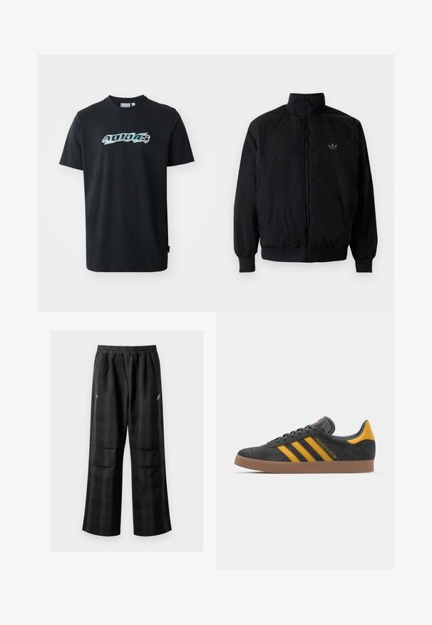 Black zipped jacket with high collar, made of lightweight material. Features elastic cuffs and waistband, with a small logo on the upper left.; Black cotton T-shirt with short sleeves, featuring a glossy, multicolored "ADIDAS" logo on the front. Classic crew neck design.; Black plaid pants featuring an elastic waistband, two front pockets, and a loose fit with a straight leg design. Made from lightweight material.; Black suede sneaker with yellow accents, featuring three stripes and a brown rubber sole. Includes a padded tongue for comfort.