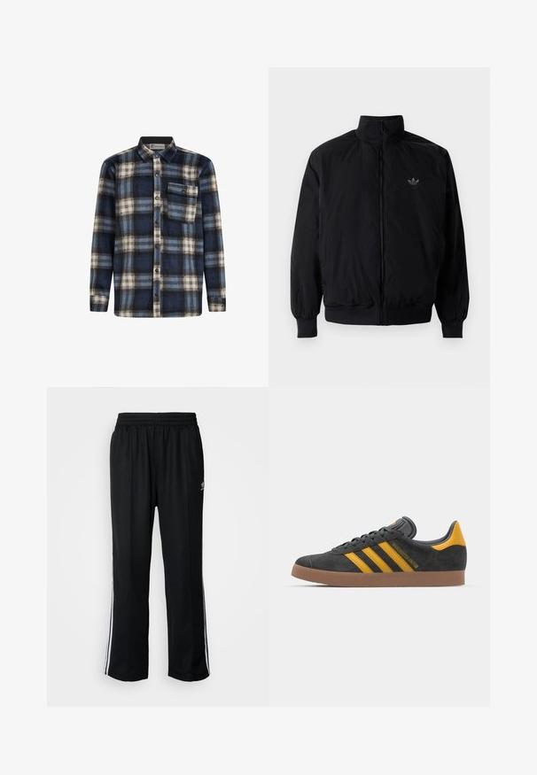 Czarna kurtka zapinana na zamek z wysokim kołnierzem, wykonana z lekkiego materiału. Posiada elastyczne mankiety i pas, oraz małe logo na górnej lewej stronie.; Koszula flanelowa w kratę w kolorze niebieskim, czarnym i białym; posiada zapięcie na guziki z przodu, kołnierzyk oraz kieszeń na piersi z detalem guzika.; Czarne sportowe spodnie z elastycznym paskiem w talii, z białymi paskami po bokach i małym logo. Materiał wydaje się miękki i lekki.; Czarne zamszowe sneakersy z żółtymi akcentami, z trzema paskami i brązową gumową podeszwą. Posiadają wyściełany język dla większego komfortu.