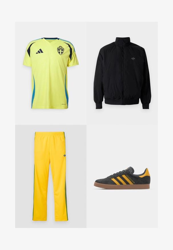 Musta vetoketjullinen takki, jossa on korkea kaulus, valmistettu kevyestä materiaalista. Varustettu joustavilla hihoilla ja vyötäröllä, ja ylävasemmalla on pieni logo.; Keltainen urheilupaita sinisillä yksityiskohdilla, v-kaula-aukolla, lyhyt hihainen ja Ruotsin maajoukkueen logo. Valmistettu hengittävästä materiaalista, jossa on tekstuuri.; Keltaiset urheiluhousut, joissa on joustava vyötärönauha, vihreät sivuraidat ja pieni sininen logo vasemmassa reisessä. Tasainen kangaspinta.; Mustat samettiset tennarit, joissa on keltaisia yksityiskohtia, kolmonen raita ja ruskea kumipohja. Sisältää pehmustetun kielisen mukavuutta varten.