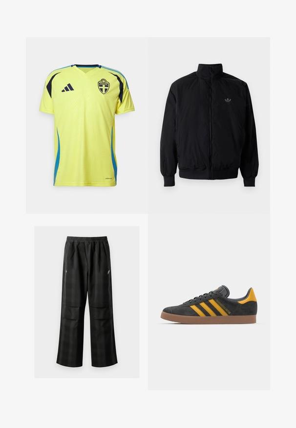 Černá zipová bunda s vysokým límcem, vyrobená z lehkého materiálu. Má elastické manžety a pas, s malým logem na horní levé straně.; Žlutý sportovní dres s modrými akcenty, designem do V, krátkými rukávy a logem národního týmu Švédska. Vyrobeno z prodyšného materiálu s texturovaným vzorem.; Černé kostkované kalhoty s elastickým pasem, dvěma předními kapsami a volným střihem se rovnými nohavicemi. Vyrobeny z lehkého materiálu.; Černé semišové tenisky se žlutými akcenty, vybavené třemi pruhy a hnědou gumovou podrážkou. Obsahují polstrovaný jazyk pro pohodlí.