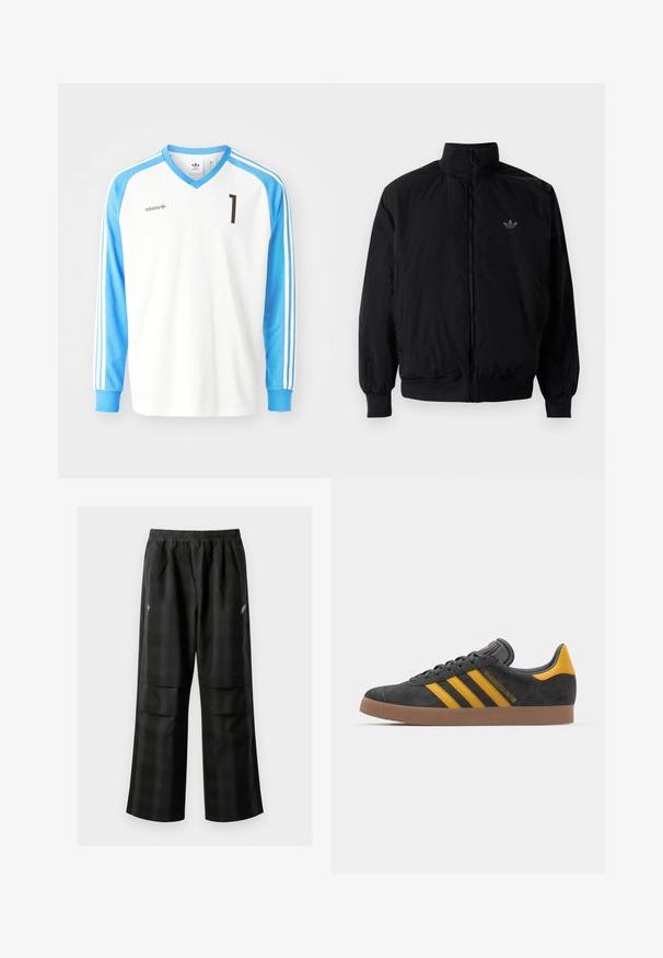 Black zipped jacket with high collar, made of lightweight material. Features elastic cuffs and waistband, with a small logo on the upper left.; White long-sleeve soccer jersey with light blue sleeves, featuring a v-neck, black number "1," and Adidas logo on the chest and sleeves.; Black plaid pants featuring an elastic waistband, two front pockets, and a loose fit with a straight leg design. Made from lightweight material.; Black suede sneaker with yellow accents, featuring three stripes and a brown rubber sole. Includes a padded tongue for comfort.