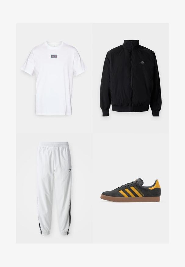 Schwarze Jacke mit Reißverschluss und hohem Kragen, aus leichtem Material gefertigt. Verfügt über elastische Bündchen und einen elastischen Saum, mit einem kleinen Logo oben links.; Weißes Baumwoll-T-Shirt mit Rundhalsausschnitt. Verfügt über ein rechteckiges Logo mit einem roten und blauen Design auf der Brust. Kurze Ärmel. Normale Passform.; Weiße Sporthose mit schwarzen Seitenstreifen, elastischem Taillenbund und Bündchen; mit Adidas-Logo am linken Oberschenkel. Glatte Stoffstruktur.; Schwarze Wildledersneaker mit gelben Akzenten, ausgestattet mit drei Streifen und einer braunen Gummisohle. Enthält eine gepolsterte Zunge für zusätzlichen Komfort.