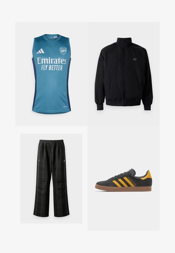 Giacca nera con zip e colletto alto, realizzata in materiale leggero. Presenta polsini e vita elastici, con un piccolo logo in alto a sinistra.; Canotta senza maniche color acquamarina con il logo dell'Arsenal, il testo "Emirates Fly Better" e dettagli laterali in blu scuro. Realizzata in tessuto morbido.; Pantaloni a quadri neri con vita elasticizzata, due tasche frontali e una vestibilità ampia con design a gamba dritta. Realizzati in materiale leggero.; Sneaker in suede nero con dettagli gialli, dotato di tre strisce e una suola in gomma marrone. Include una linguetta imbottita per il comfort.