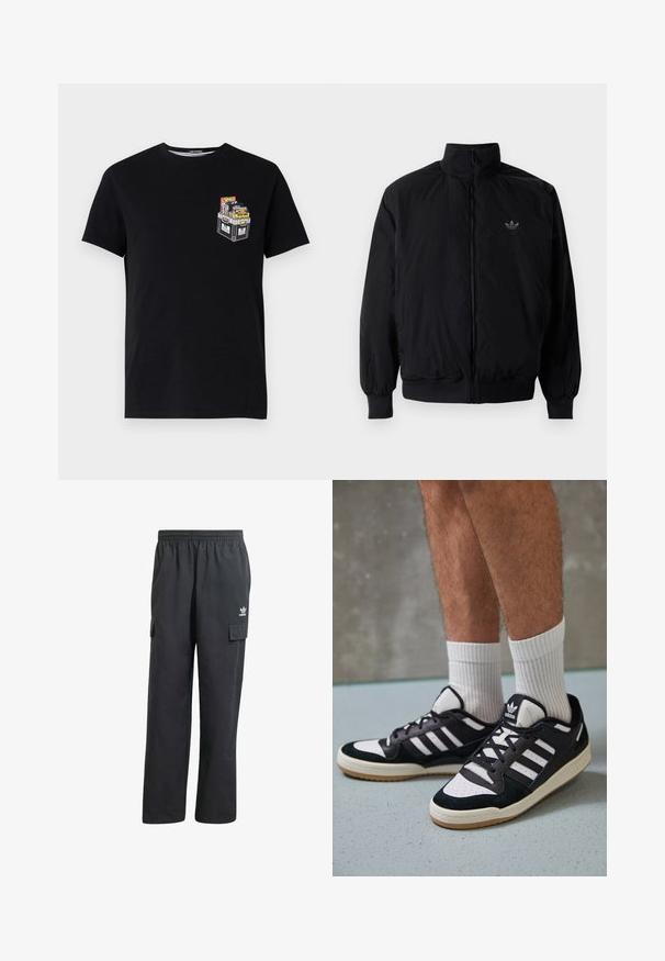 Czarna kurtka zapinana na zamek z wysokim kołnierzem, wykonana z lekkiego materiału. Posiada elastyczne mankiety i pas, oraz małe logo na górnej lewej stronie.; Czarny bawełniany t-shirt z krótkimi rękawami, z małą grafiką skrzyni wypełnionej kolorowymi przedmiotami na lewej stronie klatki piersiowej.; Czarne spodnie cargo z elastycznym paskiem w talii, dwoma bocznymi kieszeniami i subtelnym logo na lewym udzie. Wykonane z lekkiego materiału.; Czarno-białe sneakersy z zamszową i skórzaną cholewką, z trzema białymi paskami, perforowanym czubkiem i gumową podeszwą w kolorze gumy.