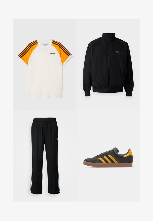 Black zipped jacket with high collar, made of lightweight material. Features elastic cuffs and waistband, with a small logo on the upper left.; adidas Originals Print T-shirt - off white; Black athletic pants with an elastic waistband, featuring white side stripes and a small logo. Material appears soft and lightweight.; Black suede sneaker with yellow accents, featuring three stripes and a brown rubber sole. Includes a padded tongue for comfort.