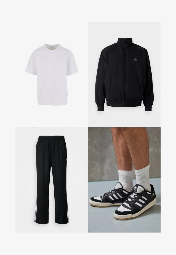 Musta vetoketjullinen takki, jossa on korkea kaulus, valmistettu kevyestä materiaalista. Varustettu joustavilla hihoilla ja vyötäröllä, ja ylävasemmalla on pieni logo.; Valkoinen lyhythihainen T-paita, joka on valmistettu pehmeästä puuvillasta. T-paidassa on pyöreä kaula-aukko ja rento istuvuus sekä suora helma. Ei näkyviä kuvioita tai yksityiskohtia.; Mustat urheiluhousut, joissa on joustava vyötärö, valkoiset sivuraidat ja pieni logo. Materiaali näyttää pehmeältä ja kevyeltä.; Valkoiset ja mustat tennarit, joissa on mokkanahka- ja nahkapäällinen, kolme valkoista raitaa, rei'itetty kärki ja kumipohja.