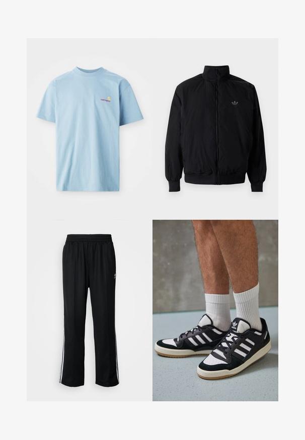 Giacca nera con zip e colletto alto, realizzata in materiale leggero. Presenta polsini e vita elastici, con un piccolo logo in alto a sinistra.; T-shirt azzurro chiaro a maniche corte in cotone, con colletto rotondo e un piccolo logo Carhartt multicolore sul lato sinistro del petto.; Pantaloni da allenamento neri con elastico in vita, dotati di bande laterali bianche e un piccolo logo. Il materiale sembra morbido e leggero.; Sneaker bianco e nero con tomaia in suede e pelle, caratterizzati da tre strisce bianche, punta perforata e suola in gomma naturale.