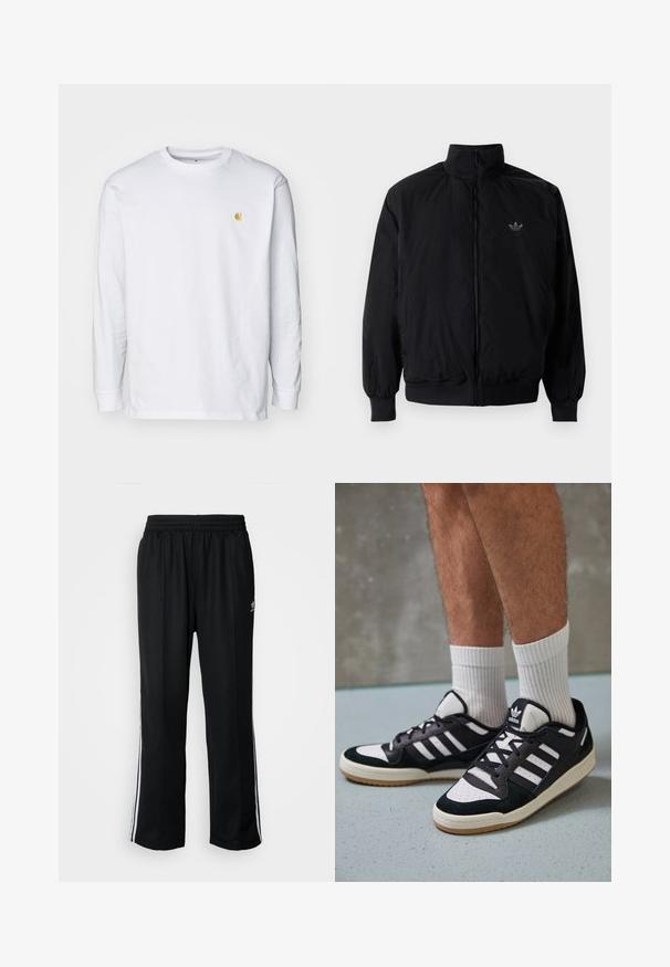 Musta vetoketjullinen takki, jossa on korkea kaulus, valmistettu kevyestä materiaalista. Varustettu joustavilla hihoilla ja vyötäröllä, ja ylävasemmalla on pieni logo.; Valkoinen pitkähihaisen t-paita, joka on valmistettu puuvillasta. Siinä on pieni kultainen logo rinnassa ja pyöreä pääntie. Yksinkertainen muotoilu ja normaali istuvuus.; Mustat urheiluhousut, joissa on joustava vyötärö, valkoiset sivuraidat ja pieni logo. Materiaali näyttää pehmeältä ja kevyeltä.; Valkoiset ja mustat tennarit, joissa on mokkanahka- ja nahkapäällinen, kolme valkoista raitaa, rei'itetty kärki ja kumipohja.