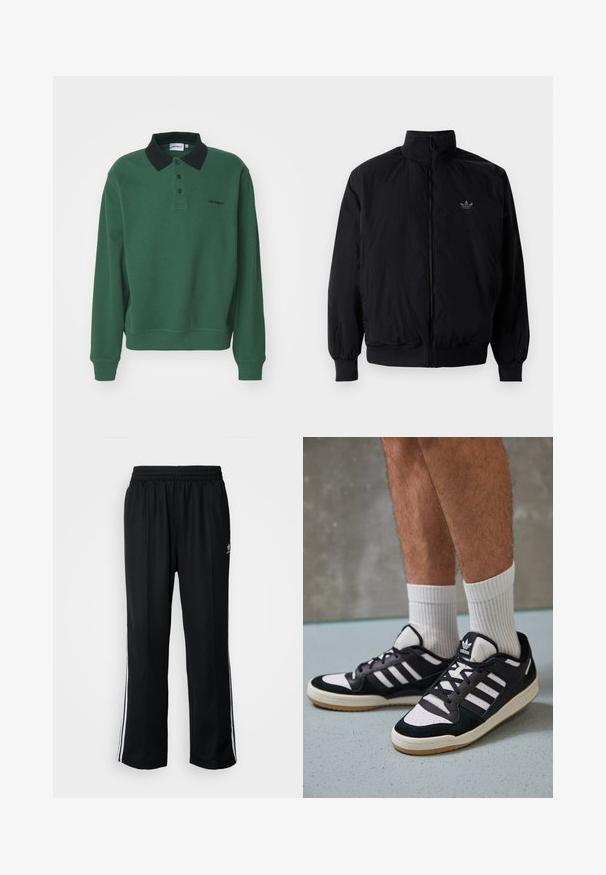 Sort lynlåsjakke med høj krave, fremstillet af letvægtsmateriale. Har elastiske manchetter og talje, med et lille logo på øverste venstre side.; Carhartt WIP VANCE RUGBY - Langærmet T-shirt - sycamore tree/black; Sorte træningsbukser med elastisk talje, der har hvide sidestænger og et lille logo. Materialet ser blødt og let ud.; Sorte og hvide sneakers med en overdel i ruskind og læder, der har tre hvide striber, en perforeret tå og en sål i gummigummi.
