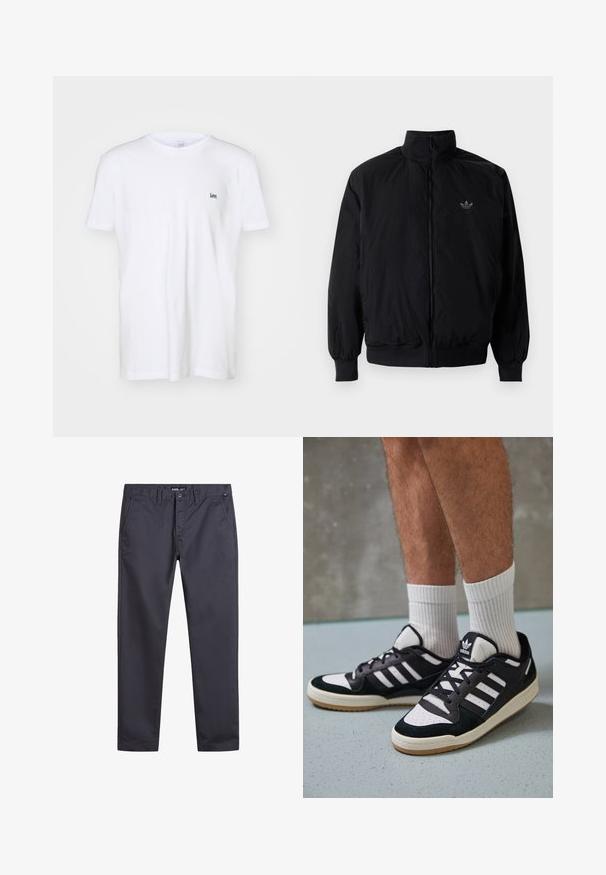 Black zipped jacket with high collar, made of lightweight material. Features elastic cuffs and waistband, with a small logo on the upper left.; White cotton t-shirt with short sleeves, featuring a small, embroidered black "Lee" logo on the left chest. Simple, classic design.; Dark gray cotton pants with a straight cut, featuring a button fly, front pockets, and subtle stitching details.; Black and white sneakers with a suede and leather upper, featuring three white stripes, a perforated toe, and a gum rubber sole.