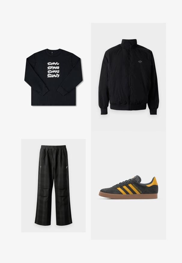 Crna jakna na zip s visokim ovratnikom, izrađena od laganog materijala. Ima elastične manžete i pojas, s malim logotipom na gornjem lijevom dijelu.; Crni dukserica dugih rukava s bijelim ponovljenim grafičkim logotipom u stiliziranom fontu preko prednje strane. Izrađena od meke tkanine.; Crne karirane hlače s elastičnom urezom, dva prednja džepa i ležernim krojem s ravnim nogavicama. Izrađene su od laganog materijala.; Crne nubuk tenisice s žutim detaljima, sa tri pruge i smešnim gumenim potplatom. Imaju jastučić na jeziku za udobnost.
