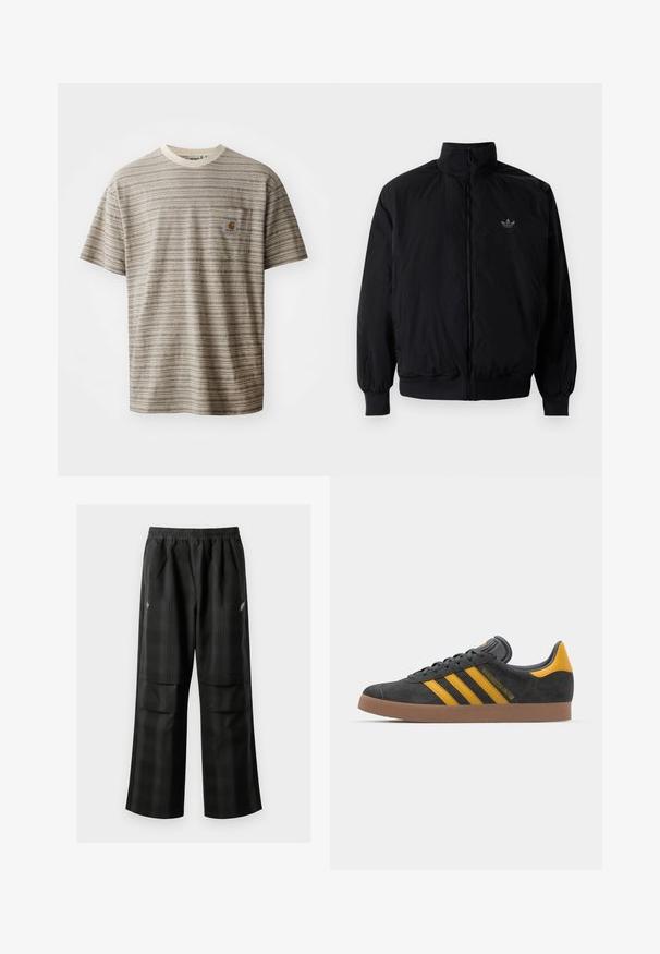 Sort lynlåsjakke med høj krave, fremstillet af letvægtsmateriale. Har elastiske manchetter og talje, med et lille logo på øverste venstre side.; Kortærmet stribet t-shirt i beige og brun, med rund halsudskæring og en brystlomme med et logo-patch. Tekstureret stof.; Sorte ternede bukser med elastisk talje, to forlommer og en løs pasform med lige ben. Fremstillet af letvægtsmateriale.; Sort suedet sneaker med gule accenter, der har tre striber og en brun gummisål. Inkluderer en polstret tunge for komfort.