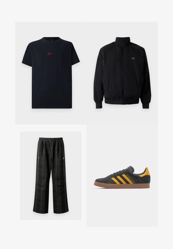 Sort lynlåsjakke med høj krave, fremstillet af letvægtsmateriale. Har elastiske manchetter og talje, med et lille logo på øverste venstre side.; Sort bomulds T-shirt med korte ærmer, der har et centralt broderet design i lilla med en spidse stjerneform og teksten "FORMER".; Sorte ternede bukser med elastisk talje, to forlommer og en løs pasform med lige ben. Fremstillet af letvægtsmateriale.; Sort suedet sneaker med gule accenter, der har tre striber og en brun gummisål. Inkluderer en polstret tunge for komfort.