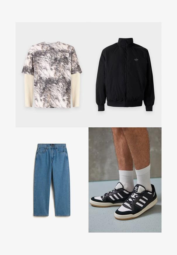 Zwarte geluiting jack met hoge kraag, gemaakt van lichtgewicht materiaal. Voorzien van elastische manchetten en tailleband, met een klein logo op de linkerbovenkant.; Korte mouwen overhemd met een geweven grijs en beige abstract patroon, voorzien van een borstzak en gelaagde lange mouwen in een geribde structuur.; Vans CHECK-5 - Baggy jeans - medium blue; Zwart-witte sneakers met een bovenwerk van suede en leer, voorzien van drie witte strepen, een geperforeerde neus en een rubberen gumzool.