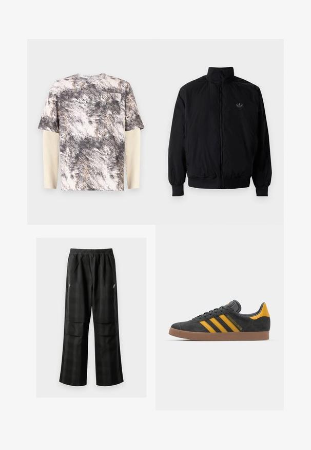 Czarna kurtka zapinana na zamek z wysokim kołnierzem, wykonana z lekkiego materiału. Posiada elastyczne mankiety i pas, oraz małe logo na górnej lewej stronie.; Koszula z krótkim rękawem w szaro-beżowy abstrakcyjny wzór teksturowany, z kieszonką na piersi oraz warstwowymi długimi rękawami w prążkowanej fakturze.; Czarne spodnie w kratę z elastycznym pasem, dwoma przednimi kieszeniami i luźnym krojem ze prostymi nogawkami. Wykonane z lekkiego materiału.; Czarne zamszowe sneakersy z żółtymi akcentami, z trzema paskami i brązową gumową podeszwą. Posiadają wyściełany język dla większego komfortu.