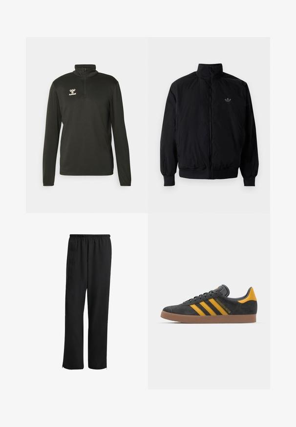 Schwarze Jacke mit Reißverschluss und hohem Kragen, aus leichtem Material gefertigt. Verfügt über elastische Bündchen und einen elastischen Saum, mit einem kleinen Logo oben links.; Schwarzer Pullover mit langen Ärmeln und hohem Kragen, ausgestattet mit einem Viertelreißverschluss und einem kleinen weißen Logo auf der Brust. Hergestellt aus einem glatten, dehnbaren Material.; Schwarze Sporthose mit elastischem Bund, geradem Bein, seitlichen Taschen und Reißverschlussabschlüssen, aus einem glatten, leichten Stoff gefertigt.; Schwarze Wildledersneaker mit gelben Akzenten, ausgestattet mit drei Streifen und einer braunen Gummisohle. Enthält eine gepolsterte Zunge für zusätzlichen Komfort.