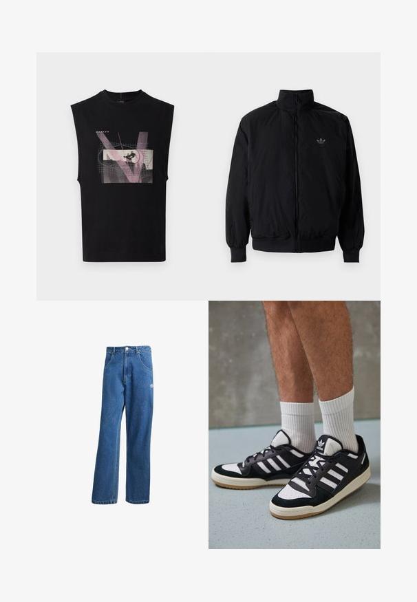 Black zipped jacket with high collar, made of lightweight material. Features elastic cuffs and waistband, with a small logo on the upper left.; Black sleeveless cotton t-shirt featuring a graphic design with pink accents, abstract shapes, and a skateboarder illustration.; Blue high-waist wide-leg denim jeans with front pockets, belt loops, button closure, and small Adidas logo on the right thigh.; Black and white sneakers with a suede and leather upper, featuring three white stripes, a perforated toe, and a gum rubber sole.