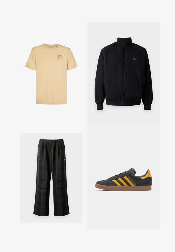 Black zipped jacket with high collar, made of lightweight material. Features elastic cuffs and waistband, with a small logo on the upper left.; Light yellow cotton t-shirt with a crew neckline. Features a circular logo in blue and orange on the left chest. Short sleeves.; Black plaid pants featuring an elastic waistband, two front pockets, and a loose fit with a straight leg design. Made from lightweight material.; Black suede sneaker with yellow accents, featuring three stripes and a brown rubber sole. Includes a padded tongue for comfort.