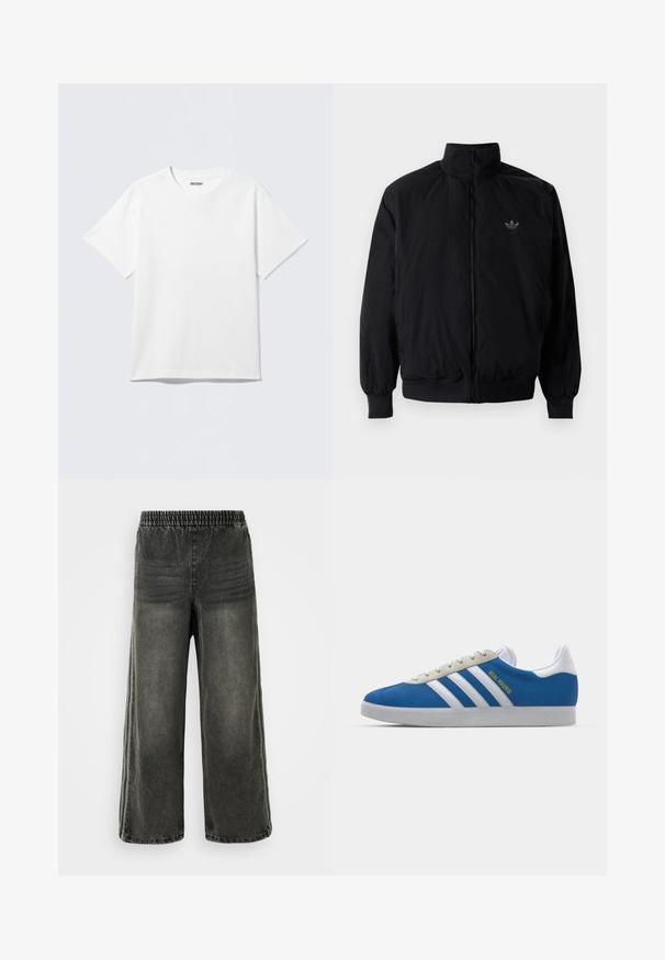 Zwarte geluiting jack met hoge kraag, gemaakt van lichtgewicht materiaal. Voorzien van elastische manchetten en tailleband, met een klein logo op de linkerbovenkant.; Witte T-shirt met korte mouwen van katoen, met een ronde hals en een ontspannen pasvorm. De stof heeft een gladde, gelijkmatige textuur.; Zwart gewassen denim broek met elastische tailleband en brede pijpen, met subtiele verticale naaddetails aan de zijkanten.; adidas Originals ADIDAS GAZELLE SHOES - Zaalvoetbalschoenen - real madrid/bluebird/footwear white/crew yellow