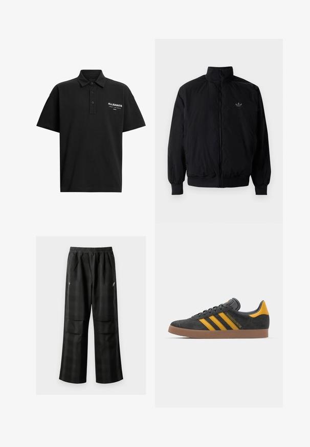 Musta vetoketjullinen takki, jossa on korkea kaulus, valmistettu kevyestä materiaalista. Varustettu joustavilla hihoilla ja vyötäröllä, ja ylävasemmalla on pieni logo.; Musta poolopaita, joka on valmistettu puuvillasta, klassisella kauluksella, kahdella napilla ja vasemmassa rinnassa valkoisella painettuna logo.; Mustat ruudulliset housut, joissa on joustava vyötärö, kaksi etutaskua ja rento istuvuus suoralla lahkeella. Valmistettu kevyestä materiaalista.; Mustat samettiset tennarit, joissa on keltaisia yksityiskohtia, kolmonen raita ja ruskea kumipohja. Sisältää pehmustetun kielisen mukavuutta varten.