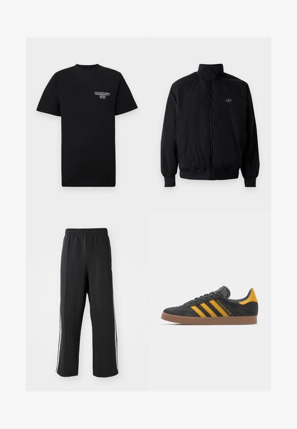 Black zipped jacket with high collar, made of lightweight material. Features elastic cuffs and waistband, with a small logo on the upper left.; Black cotton t-shirt with short sleeves and a crew neck, featuring a white printed logo on the left chest. Smooth texture, standard fit.; Black sweatpants with an elastic waistband, featuring white side stripes and a relaxed fit. Made from soft, stretchy fabric.; Black suede sneaker with yellow accents, featuring three stripes and a brown rubber sole. Includes a padded tongue for comfort.