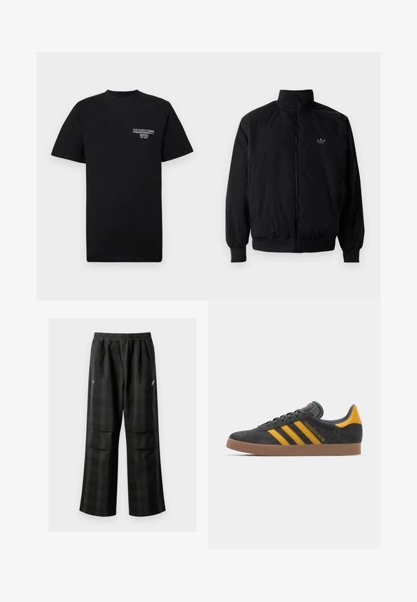 Black zipped jacket with high collar, made of lightweight material. Features elastic cuffs and waistband, with a small logo on the upper left.; Black cotton t-shirt with short sleeves and a crew neck, featuring a white printed logo on the left chest. Smooth texture, standard fit.; Black plaid pants featuring an elastic waistband, two front pockets, and a loose fit with a straight leg design. Made from lightweight material.; Black suede sneaker with yellow accents, featuring three stripes and a brown rubber sole. Includes a padded tongue for comfort.