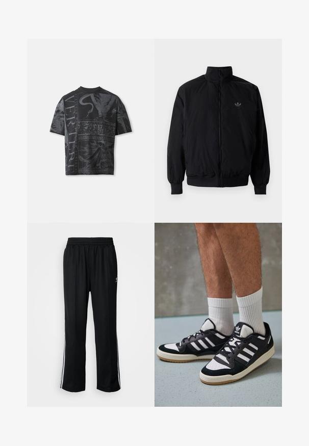 Crna jakna na zip s visokim ovratnikom, izrađena od laganog materijala. Ima elastične manžete i pojas, s malim logotipom na gornjem lijevom dijelu.; Crna oversized majica s intrikatnim sivim grafičkim dizajnom, uključujući prikaze figura i ukrasne elemente. Okrugli izrez, kratki rukavi.; Crne sportske hlače s elastičnom trakom oko struka, s bijelim bočnim prugama i malim logotipom. Materijal izgleda mekan i lagan.; Crne i bijele tenisice s gornjim dijelom od antilopa i kože, s tri bijele pruge, perforiranim prstom i gumiranim potplatom.