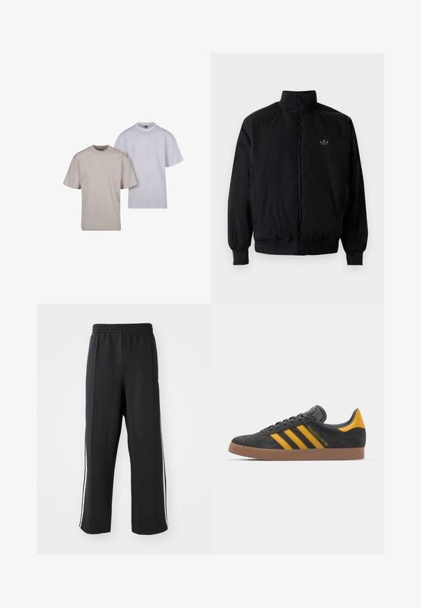 Musta vetoketjullinen takki, jossa on korkea kaulus, valmistettu kevyestä materiaalista. Varustettu joustavilla hihoilla ja vyötäröllä, ja ylävasemmalla on pieni logo.; Kaksi T-paitaa: yksi vaaleanbeige ja toinen valkoinen. Molemmat ovat puuvillaa, lyhythihaisia ja niissä on klassinen pyöreä pääntie.; Mustat hupparit, joissa on joustava vyötärö, valkoisilla sivuraidoilla ja rento istuvuus. Valmistettu pehmeästä, venyvästä kankaasta.; Mustat samettiset tennarit, joissa on keltaisia yksityiskohtia, kolmonen raita ja ruskea kumipohja. Sisältää pehmustetun kielisen mukavuutta varten.