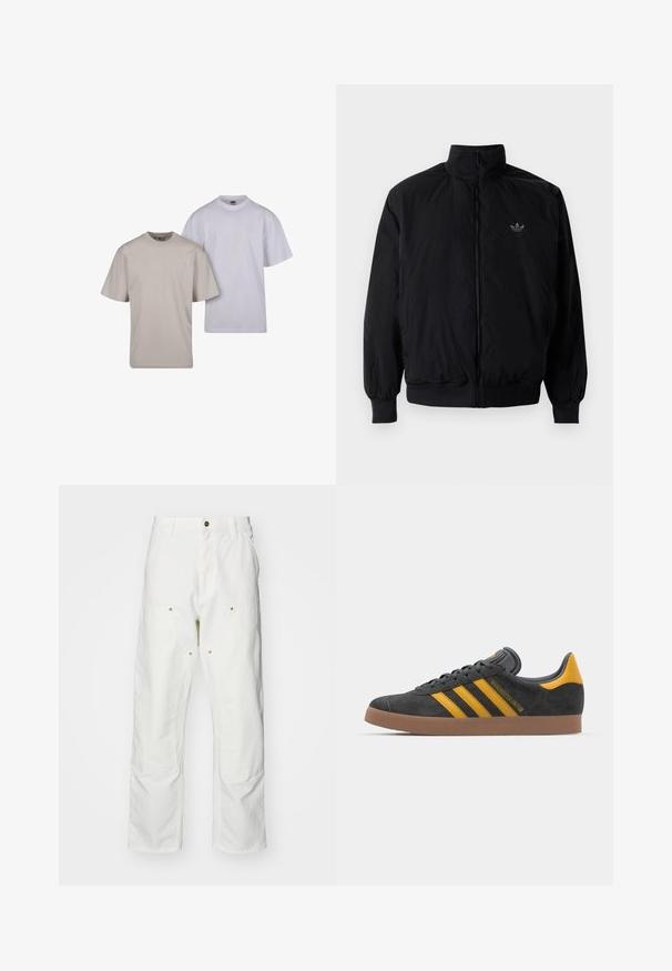 Musta vetoketjullinen takki, jossa on korkea kaulus, valmistettu kevyestä materiaalista. Varustettu joustavilla hihoilla ja vyötäröllä, ja ylävasemmalla on pieni logo.; Kaksi T-paitaa: yksi vaaleanbeige ja toinen valkoinen. Molemmat ovat puuvillaa, lyhythihaisia ja niissä on klassinen pyöreä pääntie.; Valkoiset puuvillaiset cargo-housut, joissa on rento istuvuus. Ominaisuuksiin kuuluvat etutaskut, kultaiset yksityiskohdat ja vahvistetut polviosat.; Mustat samettiset tennarit, joissa on keltaisia yksityiskohtia, kolmonen raita ja ruskea kumipohja. Sisältää pehmustetun kielisen mukavuutta varten.