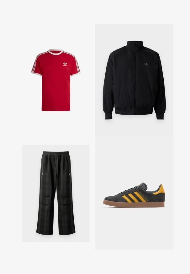 Černá zipová bunda s vysokým límcem, vyrobená z lehkého materiálu. Má elastické manžety a pas, s malým logem na horní levé straně.; Červené bavlněné tričko s bílým žebrovaným kulatým výstřihem, na rukávech se třemi bílými pruhy a malým bílým logem na hrudi.; Černé kostkované kalhoty s elastickým pasem, dvěma předními kapsami a volným střihem se rovnými nohavicemi. Vyrobeny z lehkého materiálu.; Černé semišové tenisky se žlutými akcenty, vybavené třemi pruhy a hnědou gumovou podrážkou. Obsahují polstrovaný jazyk pro pohodlí.
